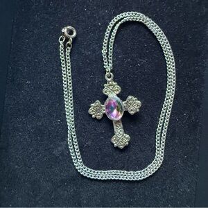 Vintage Celtic Style Mystic Quartz Gem Cross Necklace